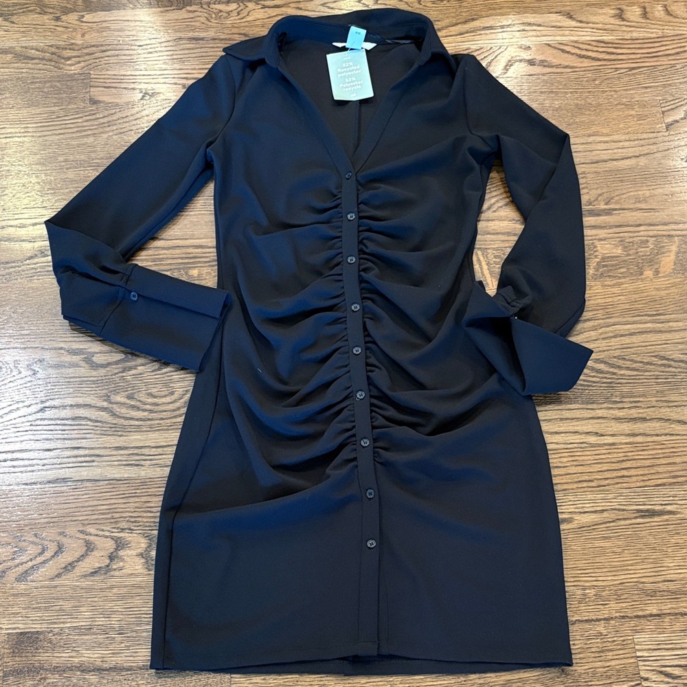 H&M NWT Women’s Black Ruched Button-Front shirtdress Dress, s